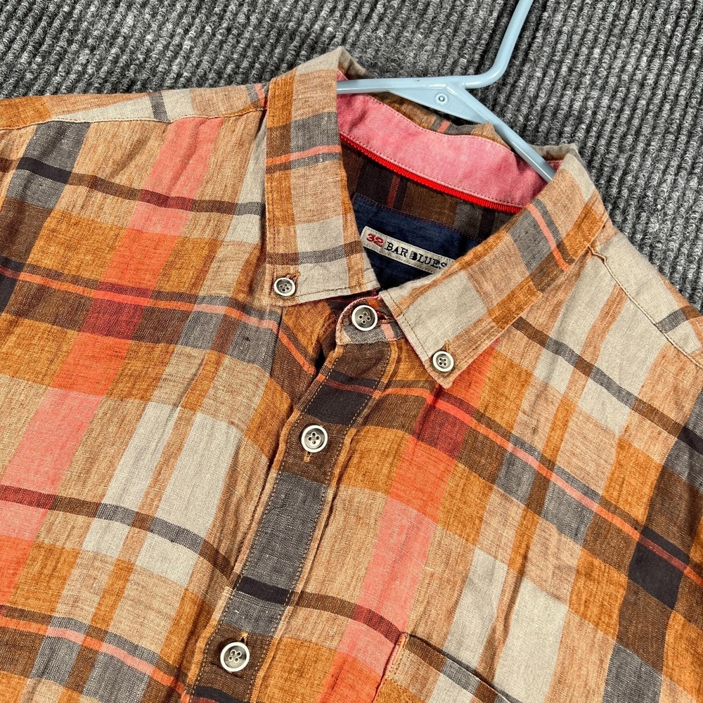 32 Bar Blues Shirt Mens XL Extra Large Brown Plaid‎ Long Sleeve Button Up Linen